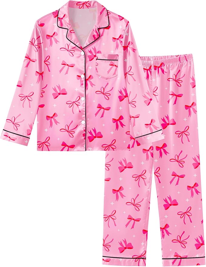 Girls Pajamas Silk PJS Set Satin Sleepwear Long Sleeve Jammies for Kids Button-Down Nightwear Loungewear 3-16 Years