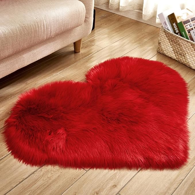Fluffy Faux Fur Heart Shaped Area Rug Soft Fuzzy Carpet Home Decoration Wedding Party for Bedroom Living Room Bedside 50x50cm Red