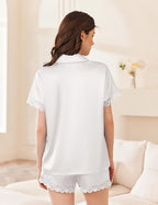 Ekouaer Womens Lace Satin Pajama Set Button Down Pj Shorts Set Bridesmaids Getting Ready Outfits Casual Sleepwear XS-XXL
