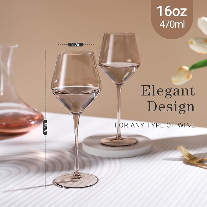 Smokey Sand Wine Glasses Set 6-16oz, Long Stem, Universal Size for White and Red Wine - Hand Blown Smoky Amber Brown Neutral Stemware for Home,Party