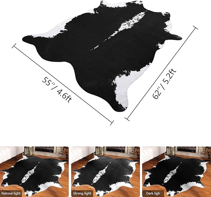 HOMORE Cowhide Rug, Cute Cow Print Rug for Living Room Faux Cow Hide Animal Print Carpet for Bedroom Office Table, 4.6 x 5.2 Feet, Black