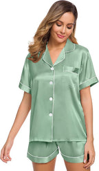 SWOMOG Womens Silk Satin Pajamas Set Short Sleeve Sleepwear Button Down Top and Shorts Loungewear 2 Piece Pjs Set XS-3XL