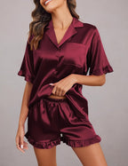 Ekouaer Satin Pajama Set for Women Button Down Silk 2 Piece Pj Sets Ruffle Short Sleeve Sleepwear
