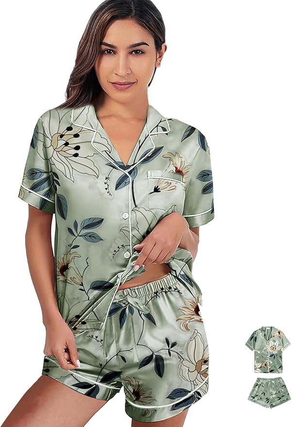 WJing Yi Jia Womens 3Pcs Satin Pajamas Set Floral Silk Pajama Sets Stripe Lounge Set Silky Sleepwear XS-2XL Pjs Long Scarves