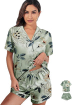 WJing Yi Jia Womens 3Pcs Satin Pajamas Set Floral Silk Pajama Sets Stripe Lounge Set Silky Sleepwear XS-2XL Pjs Long Scarves