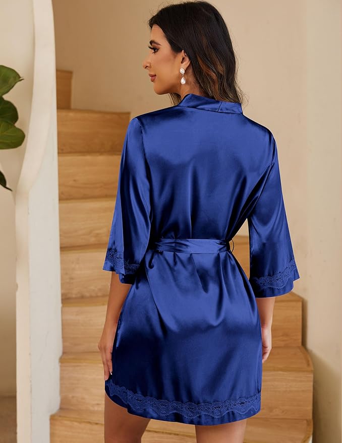 Ekouaer Women's Lace-Trim Silk Robes Bride Bridesmaid Kimono Satin Bathrobe V Neck Sleepwear with 3/4 Sleeve