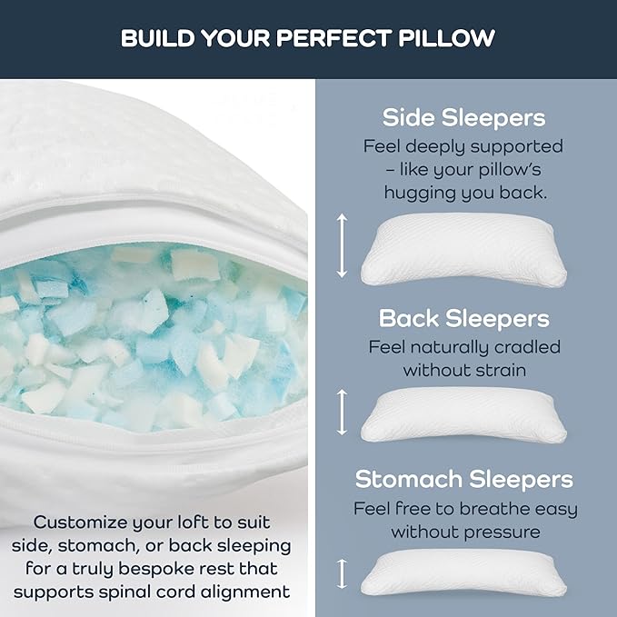 Olive + Crate BreathePure™ Adjustable Cooling Shredded Memory Foam Pillow - Breathable Bamboo Viscose Cover for Temperature Control - Crescent Gel Pillows for Side Sleepers - Queen Size