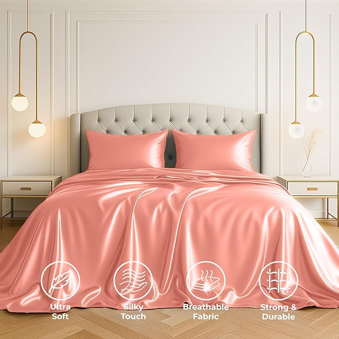 Satin Sheets Twin [3-Piece, Blush Pink] Hotel Luxury Silky Bed Sheets - Extra Soft 1800 Microfiber Sheet Set, Wrinkle, Fade, Stain Resistant - Deep Pocket Fitted Sheet, Flat Sheet, Pillow Cases