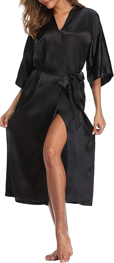 Womens Long Silky Robe Satin Kimono Robes Silk Bathrobe for Wedding Party Full Length Dressing Gown