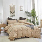 CLOTHKNOW Champagne Ruffle Queen Comforter Set Taupe Bedding Comforter Sets Soft Shabby Chic Farmhouse Comforter with 2 x Pillow Cases