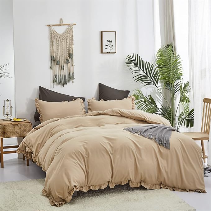 CLOTHKNOW Champagne Ruffle Queen Comforter Set Taupe Bedding Comforter Sets Soft Shabby Chic Farmhouse Comforter with 2 x Pillow Cases