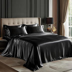 Love's cabin California King Satin Sheet Sets - 4 Piece Black Silky Sheets Bed Set with Deep Pocket, Luxury Silk Feel Satin Cal King Sheet Set (1 Flat Sheet,1 Fitted Sheet,2 Pillow Cases)