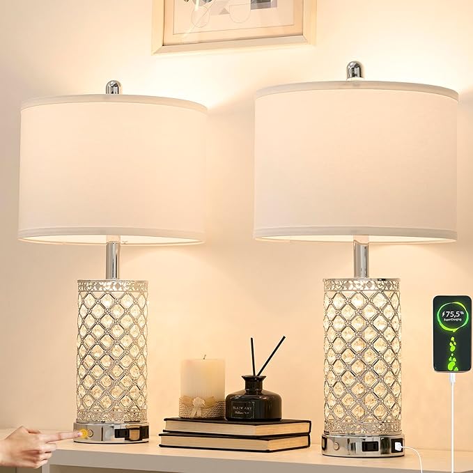 SAIWEYA Crystal Table Lamps Set of 2, 3-Way Dimmable Bedside Lamp with 2 USB Ports & AC Outlets for Living Room Bedroom Nightstand Lamp Night Light (Silver- 2 Pack 24In)