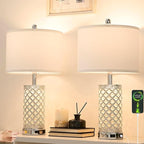 SAIWEYA Crystal Table Lamps Set of 2, 3-Way Dimmable Bedside Lamp with 2 USB Ports & AC Outlets for Living Room Bedroom Nightstand Lamp Night Light (Silver- 2 Pack 24In)