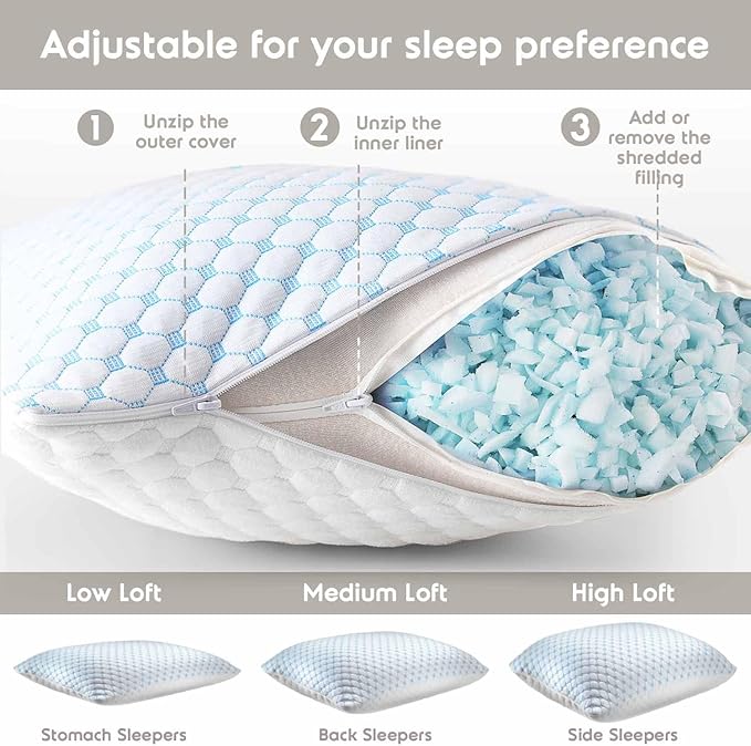 Nestl Cooling Pillow for Sleeping 2 Pack, Luxury Shredded Memory Foam Pillows Standard Size Set of 2, Adjustable Cold Gel Pillows for Hot Sleepers Supportive Cool Pillow for Side Back Stomach Sleepers