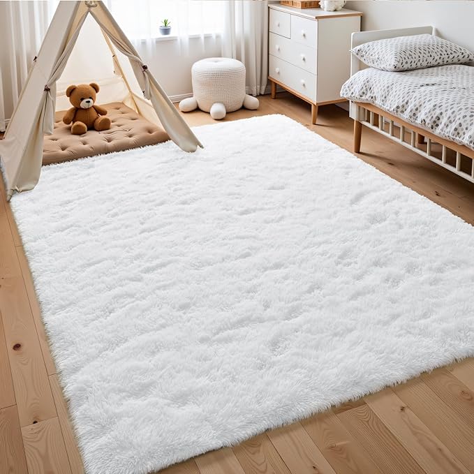 Macgace Fluffy Area Rugs for Bedroom Decor Aesthetic, 4x6 White Shag Rug with Non-Slip Dots for Living Room, Fuzzy Plush Carpet Washable Rug Modern Home Decor for Kids Nursery Girls Room Office