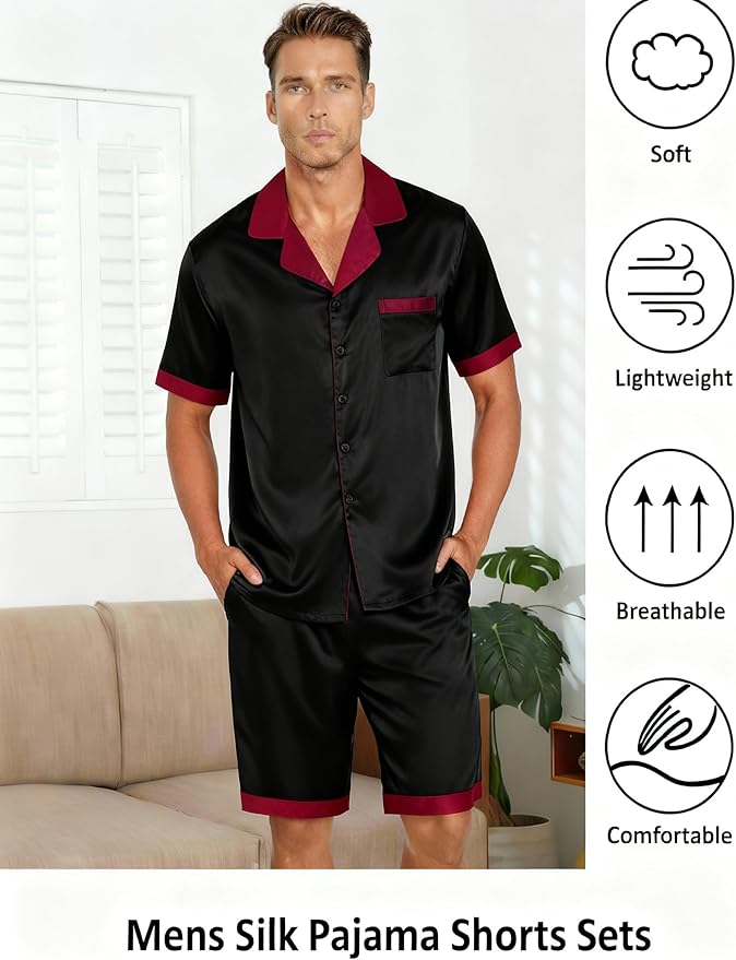 Ekouaer Men Satin Silk Pajamas Set with Pockets Sleepwear Shorts Satin Summer Loungewear 2 Piece Button Down Set S-3XL