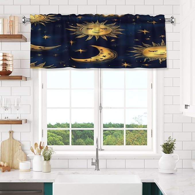 Whimsical Night Sky Pattern Illustration Curtain Valance Peach Skin Velvet Printed Window Valance with Rod Pocket Light Filtering for Kitchen Bathroom 54x18in