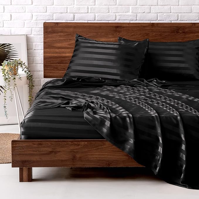 MR&HM Satin Bed Sheets, King Size Sheets Set, 4 Pcs Silky Bedding Set with 15 Inches Deep Pocket for Mattress (King, Black Striped)