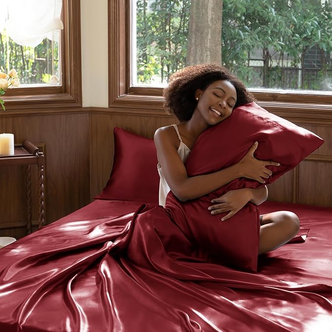 CozyLux Satin Sheets Queen Size Bed Set - 4 Piece Silky Queen Sheet Set, Luxury Burgundy Queen Sheets with Smooth and Soft Microfiber, Includes 1 Fitted Sheet, 1 Flat Sheet and 2 Pillowcases