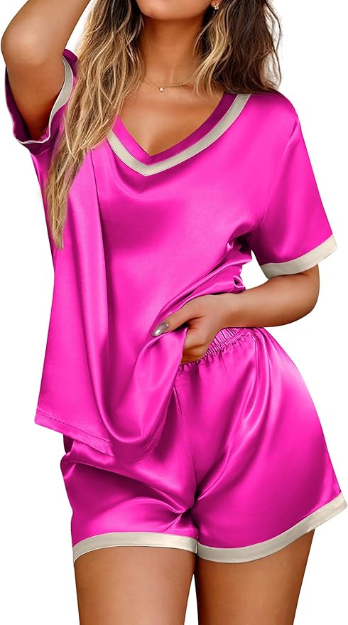 Ekouaer Silk Pajamas for Women Short Sleeve Satin Sleepwear Soft 2 Piece Pjs Shorts Set Loungewear,S-XX