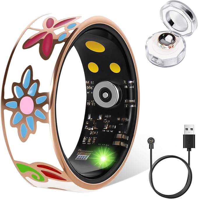Smart Ring for Women & Men, Fitness Tracker with Heart Rate, SpO2, Blood Pressure & Sleep Monitoring, IP68 Waterproof, Long Battery Life, No Monthly Fees, for iPhone Android (8#&Floral)