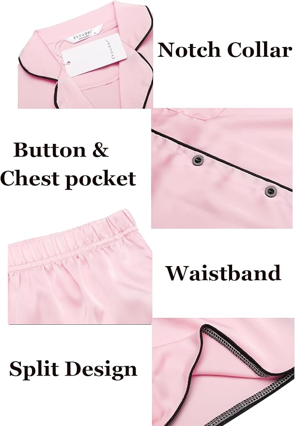Ekouaer Womens Silk Satin Pajamas Set Short Sleeve Sleepwear Button Down Loungewear 2 Piece Pjs Shorts Set S-5X Plus Size