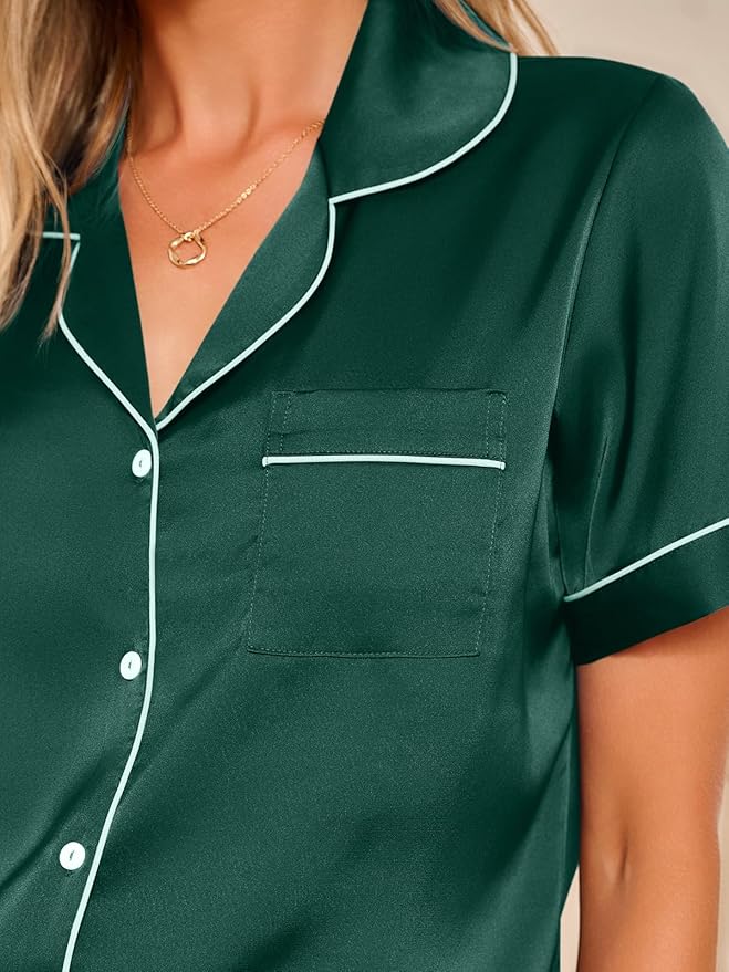 LILLUSORY Silk Satin Pajama Set for Women 2 Piece Lounge Pjs Winter Matching Summer Sleepwear Button Down Shirt Shorts