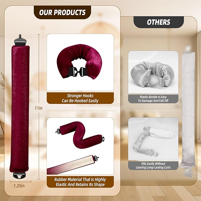 Heatless Curls Overnight Rods Jumbo Set, Heatless Hair Curler Velvet Satin Jumbo Flexi Rods to Sleep in, No Heat Overnight Sleeping Blowout Curls Wave Styling Tools with Silk Scarf 4pcs Wine Red