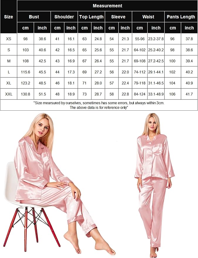 SWOMOG Long Sleeve Pajamas Set Silk Satin Sleepwear Button Down Pjs Loungewear with Pocket