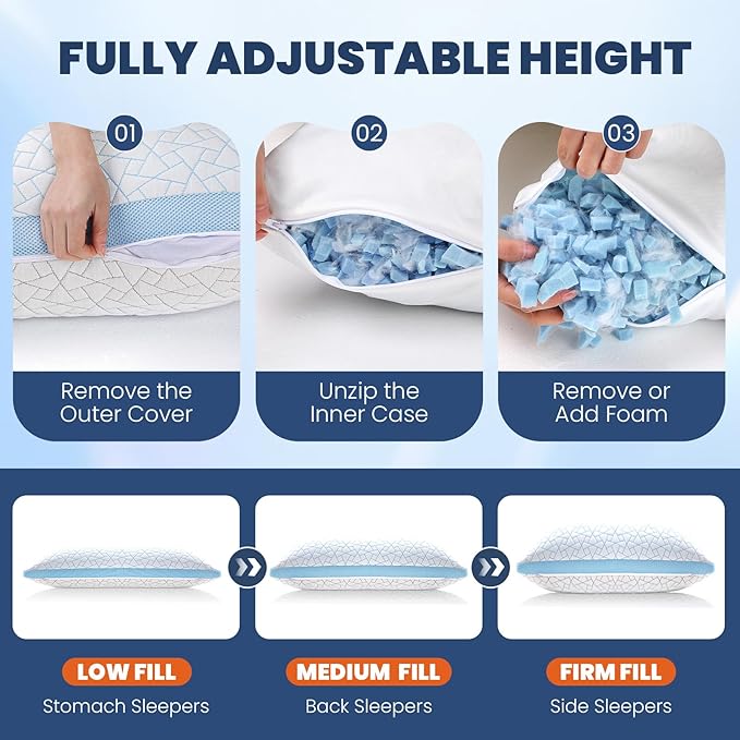 A-Pce Adjustable Pillow, Queen Size Bed Pillows for Sleeping, Luxury Shredded Memory Foam Pillows, Cooling Pillow for Side, Back, Stomach Sleepers, Firm Pillow for Hot Sleepers Neck Support
