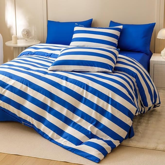 CLOTHKNOW Stripes Comforter Set Full Size Blue White Bedding Comforter Sets Farmhouse Bedding Soft Comforter with 2 x Pillow Cases