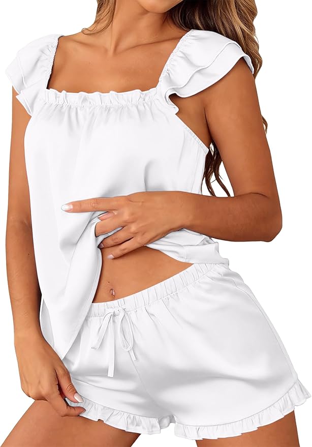 Satin Pajama Set for Women 2 Piece Silk Pjs Ruffle Sleeve Top and Shorts Cute Bridal Sleepwear Set S-XXL