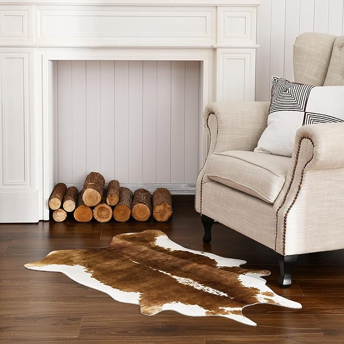 HOMORE Cowhide Rug, Cute Cow Print Rug for Living Room Faux Cow Hide Animal Print Carpet for Bedroom Office Table, 3.6 x 2.3 Feet, Khaki Brown