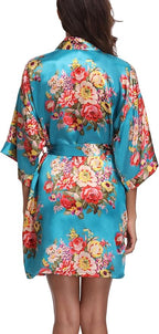 Women's Floral Satin Robes Bride Bridesmaid Getting Ready Robe Short Silky Kimono Sleepwear for Wedding Party