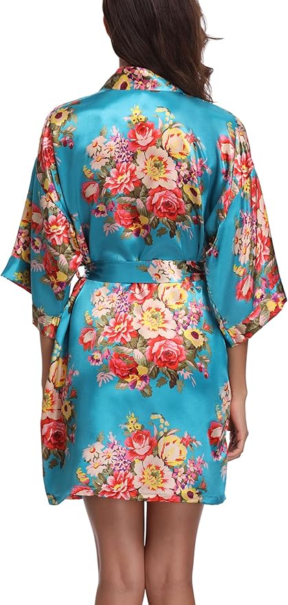 Women's Floral Satin Robes Bride Bridesmaid Getting Ready Robe Short Silky Kimono Sleepwear for Wedding Party