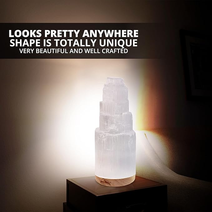 Himalayan Glow Selenite Crystal Lamp 20cm, Hand Curved Morocco |Skyscraper| Crystals and Healing Stones,(ETL Certified) with Wooden Base & USB Charging Cable For Healing Cleansing & Meditation