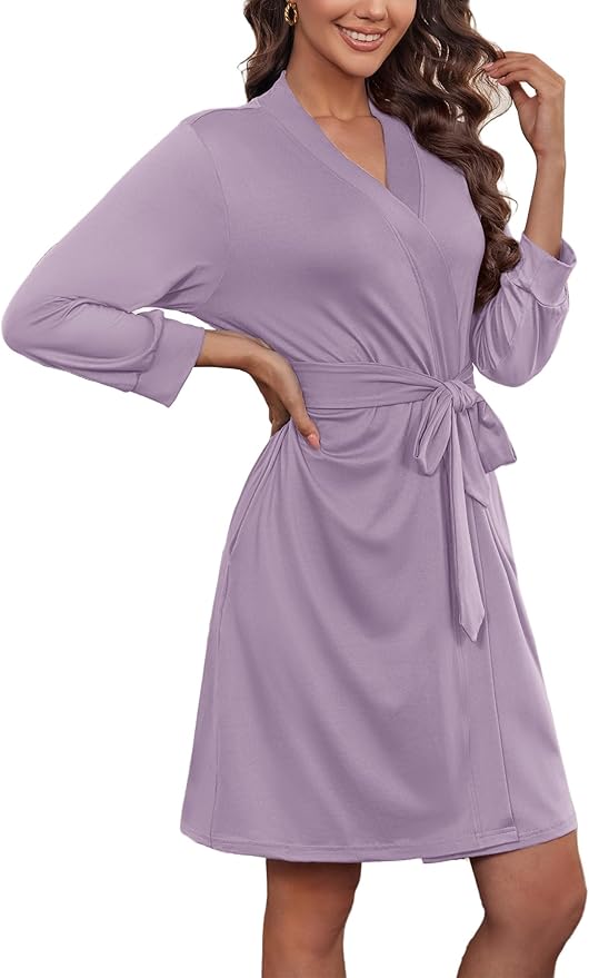 Ekouaer Women‘s Robes Lightweight 3/4 Sleeve Short Knit Bathrobe Soft Knee Length Sleepwear Robes with Pockets S-XXL
