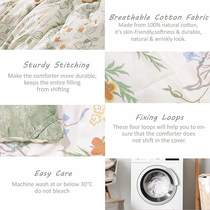 ALEISSEL Natural Cotton 2pcs Botanical Comforter Sets Twin Size-Green Comforter with Red & Blue Flowers,Gray Leaves on Off-White, Reversible Lightweight Bedding Sets(Twin 68"×90")