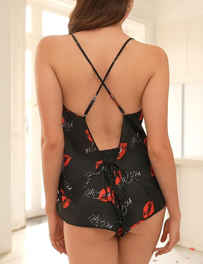 Ekouaer Silk Pajamas Set for Women Satin Backless Lingerie Pjs Cami Top and Shorts Nightwear