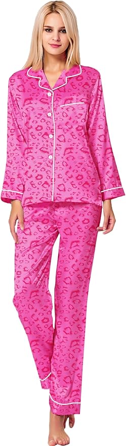 SWOMOG Womens Silk Satin Pajamas Set Long Sleeve Button Down Sleepwear 2 Piece Lounge Set Pj Set XS-3XL