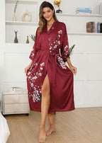 Kihnop Women's Floral Long Kimono Robe Long Satin Robe Long Silk Robe Ladies Kimonos Silky Bathrobe Cover Up, One Size