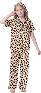 Umeyda Girls Womens Pajamas Set, Satin Silky Button Down Loungewear 2 Piece Short Sleeve Pants PJS Sets for Mommy Kids