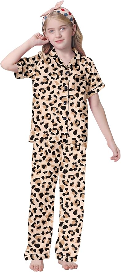 Umeyda Girls Womens Pajamas Set, Satin Silky Button Down Loungewear 2 Piece Short Sleeve Pants PJS Sets for Mommy Kids