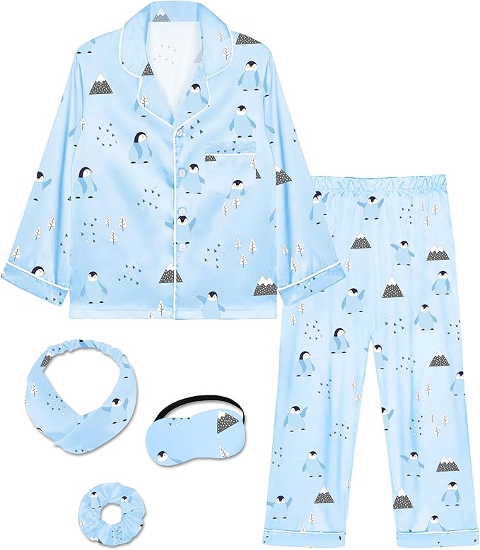 EPLAZA Kids Satin Pajamas Sets Girls Boys Button-Down Silky Pajamas Sleepwear with Hairband Eye Mask Hair Tie