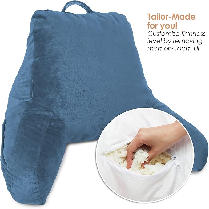 Clara Clark Reading Pillow with Shredded Memory Foam for Sitting Up in Bed and Couch, Back and Arms Adjustable Support for Adults & Teens Backrest Pillows for Reading, with Washable Cover Blue Heaven