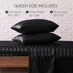 MR&HM Satin Bed Sheets, Queen Size Sheets Set, 4 Pcs Silky Bedding Set with 15 Inches Deep Pocket for Mattress (Queen, Black Striped)