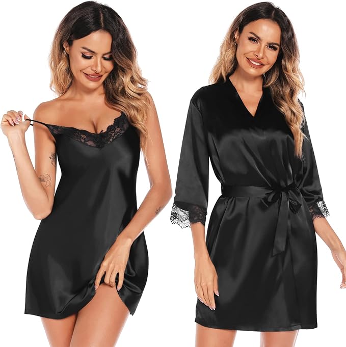 SWOMOG Women's Satin Robe Set 2 Piece Sexy Pajamas Sets Lace Cami Nightgown and Silk Robes Nightwear