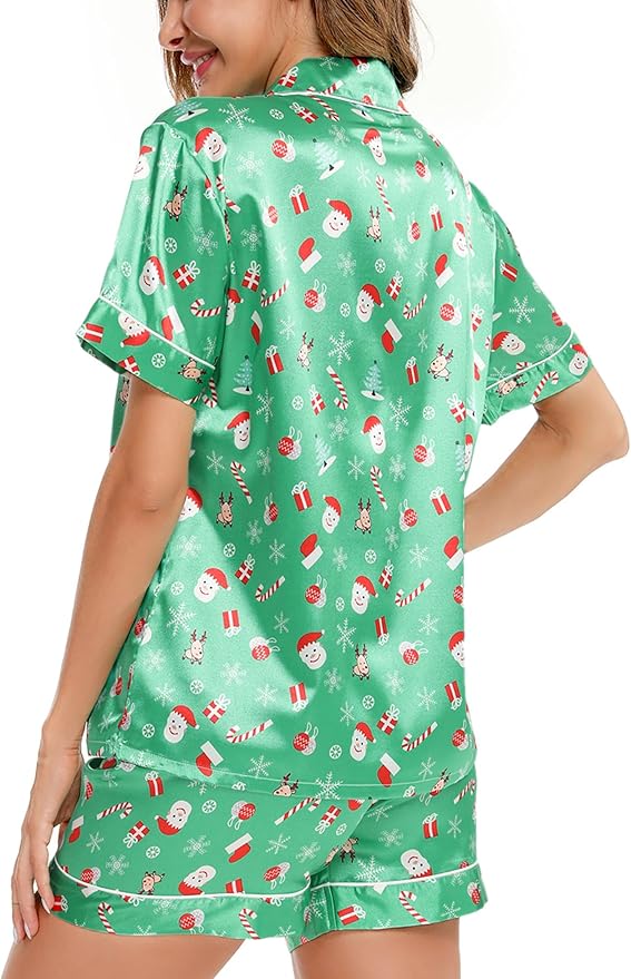 LecGee Womens Silk Satin Pajamas Short Sleeve Loungewear Two-Piece Sleepwear Button-Down Pj Set