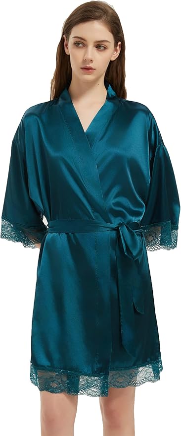Kihnop Women's Satin Robe Silk Robe Lace Bridal Robes for Bride Bridesmaid Robes Silky Bathrobe Getting Ready Sleepwear
